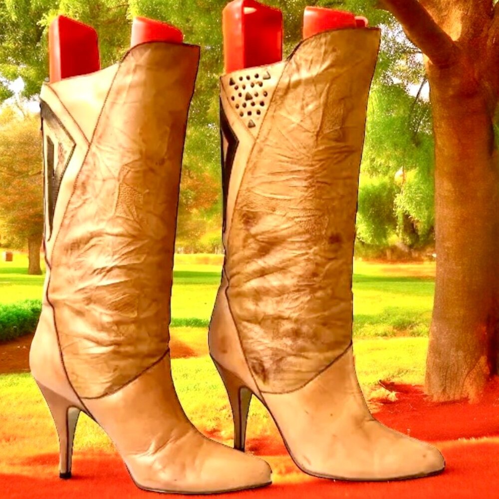 Vintage 80's LATINAS Brazil Brown Leather Boot Mid Calf Pointed Toe Womens 8